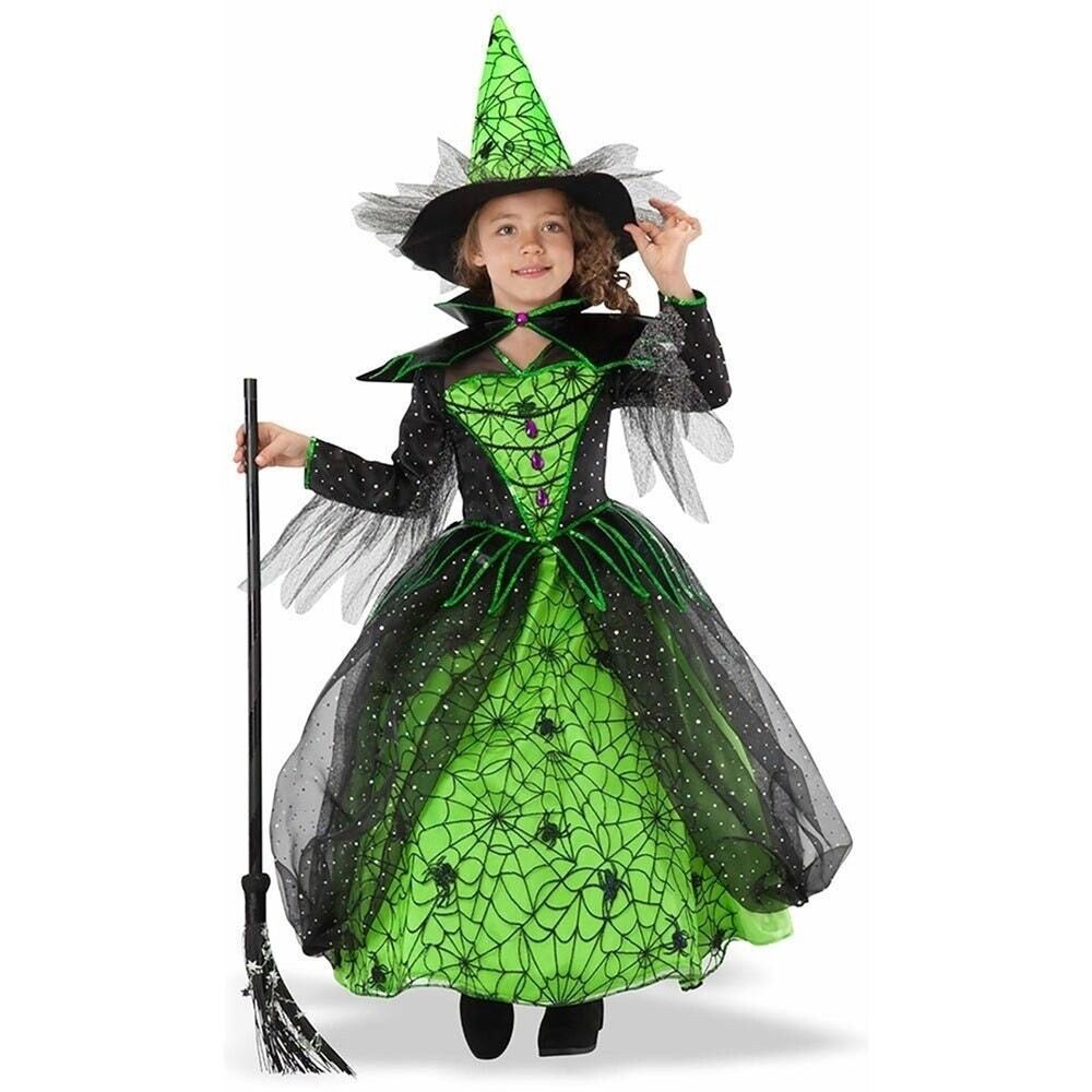 Magical Green Halloween 2 Piece Witch Costume Spiders Girls Size 7-8 Teetot